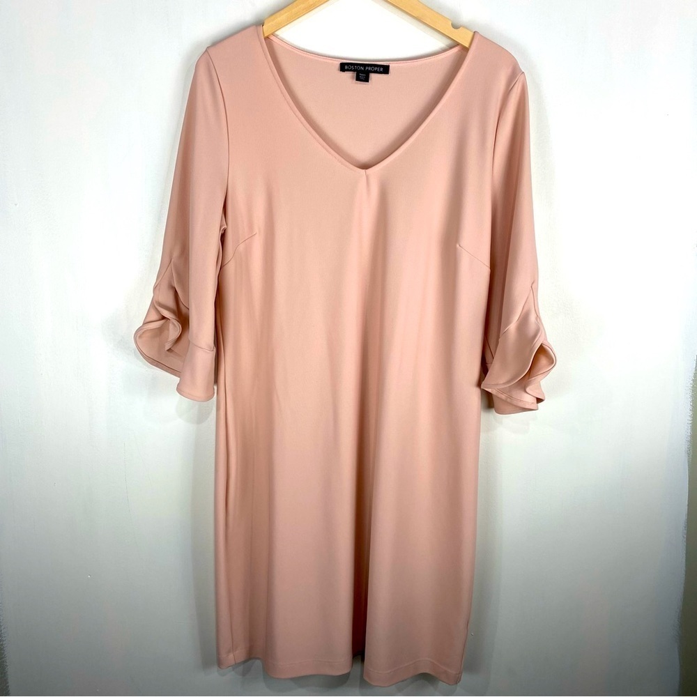 Boston Proper Ruffle Sleeve Flowy V-Neck Formal Midi Dress Blush Pink Size Large